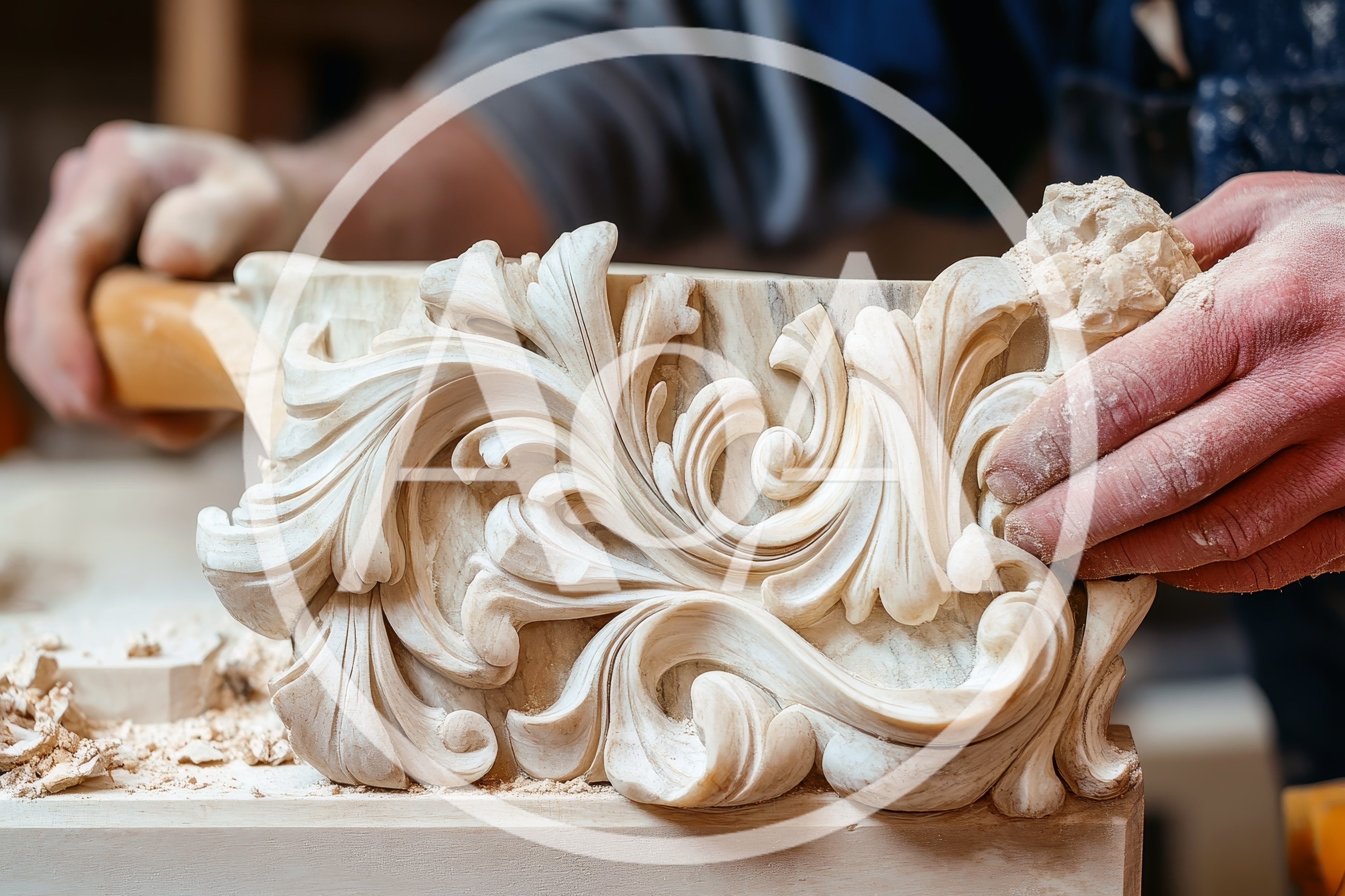 Artisan Woodworker Carving Intricate Floral Ornament