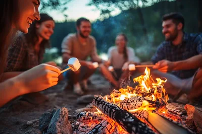 Friends Roasting Marshmallows Over A Campfire At Dusk