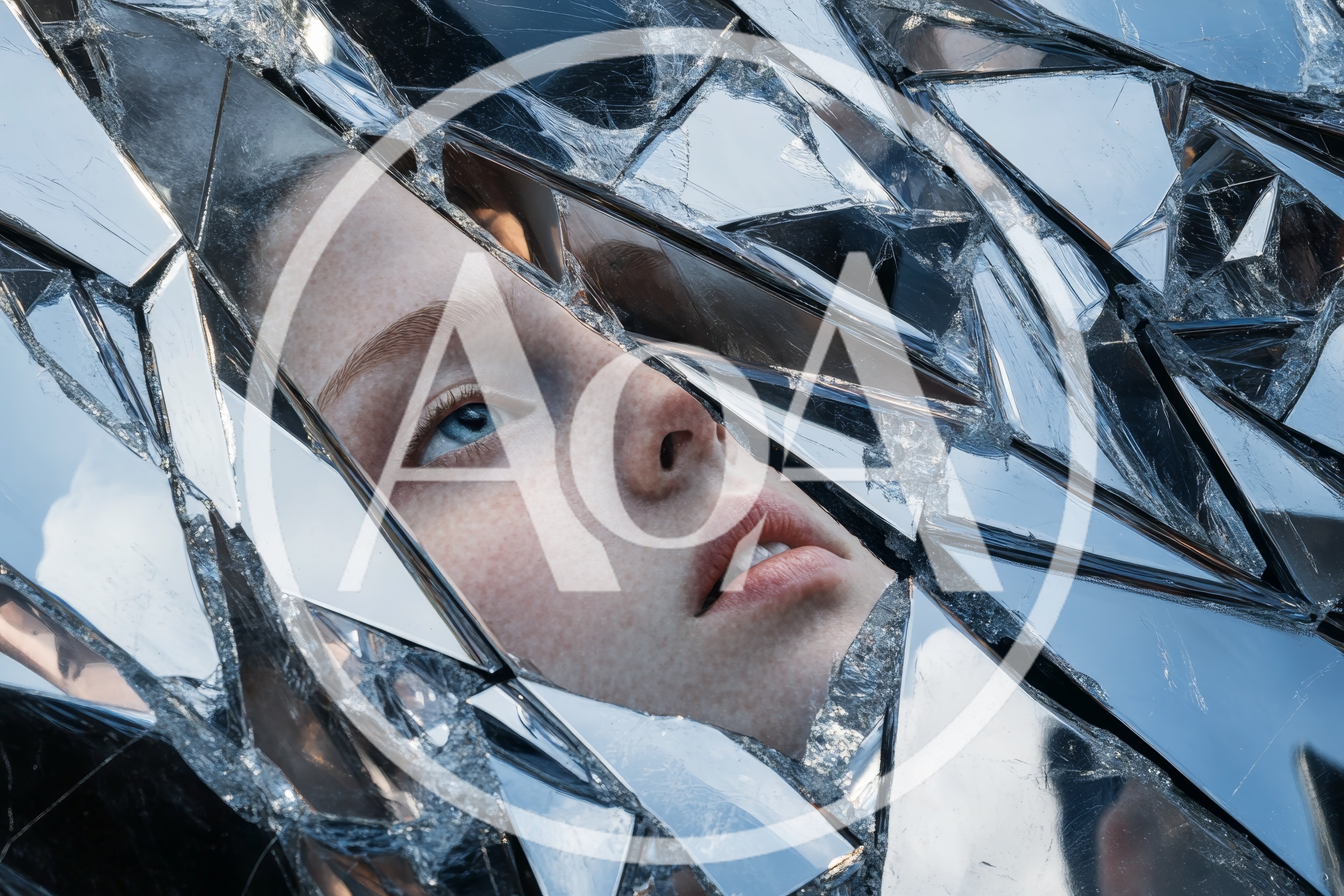 Portrait Of A Woman Behind Shattered Mirror Fragments