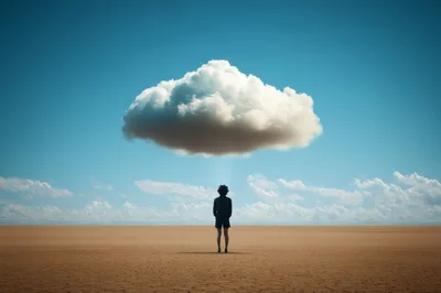 Person Standing Under A Single Rain Cloud In Desert