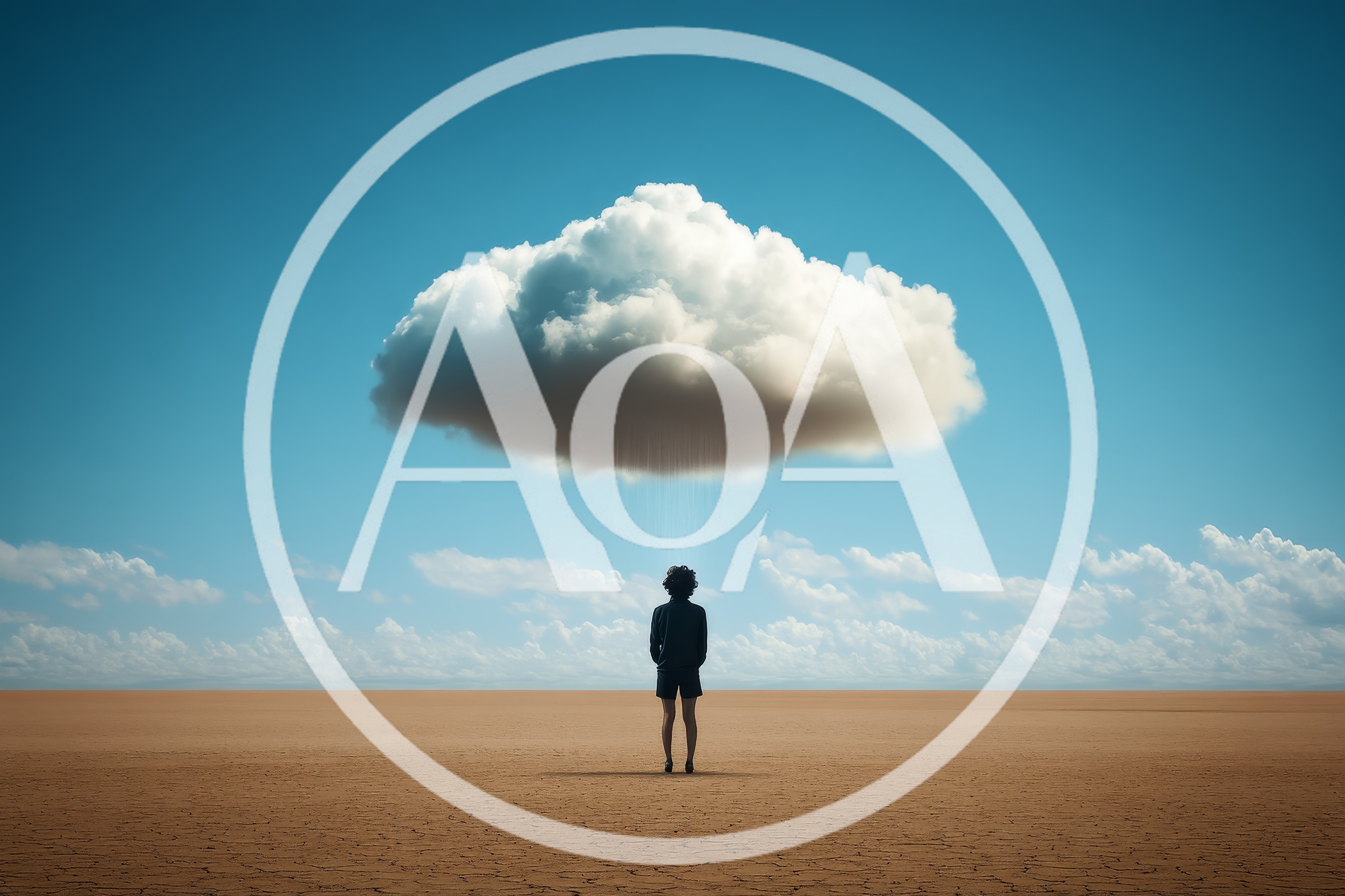 Person Standing Under A Single Rain Cloud In Desert
