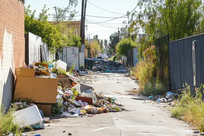 Large Piles of Trash in an Urban Alleyway