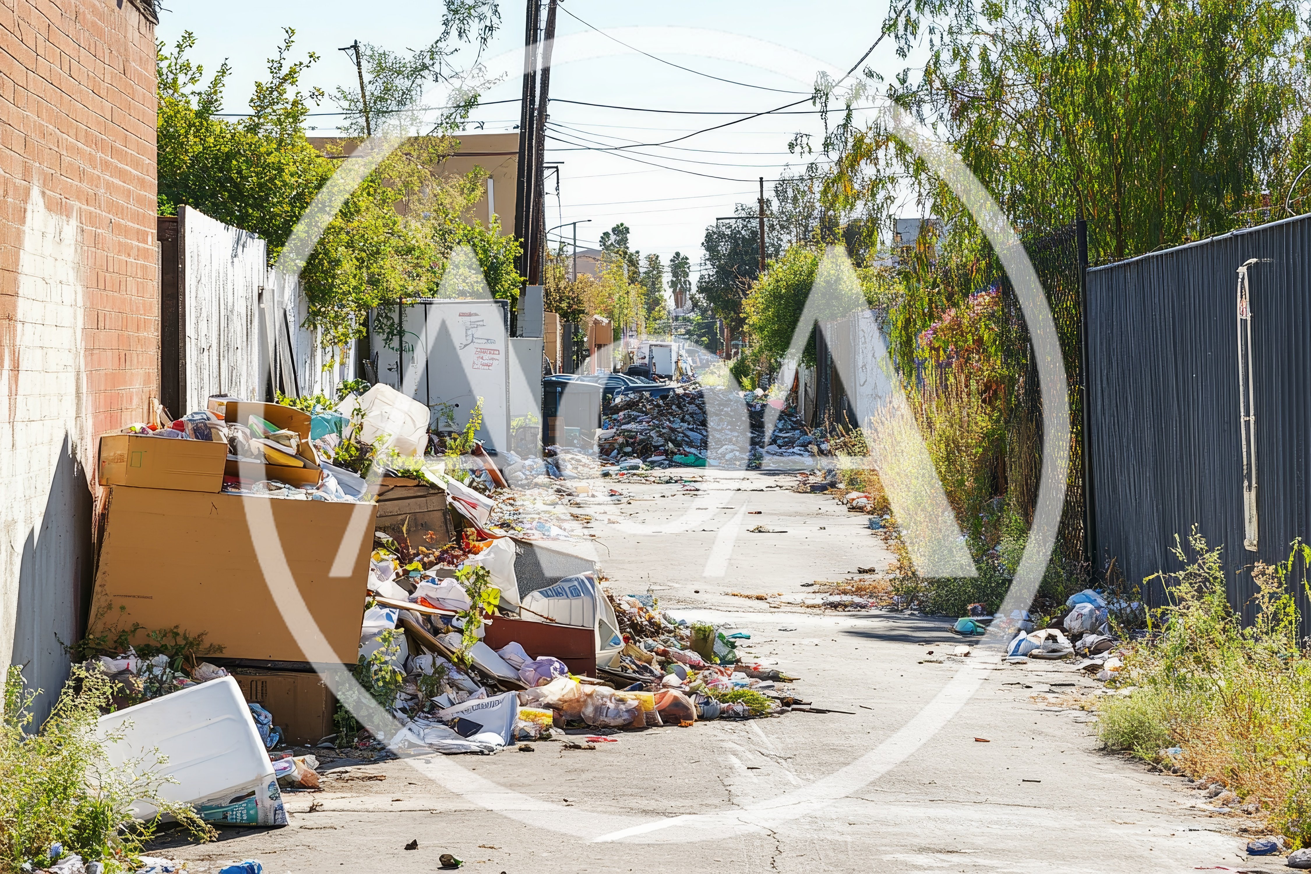 Large Piles of Trash in an Urban Alleyway