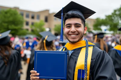 Happy Hispanic Graduate Holding Diploma At Commencement Ceremony