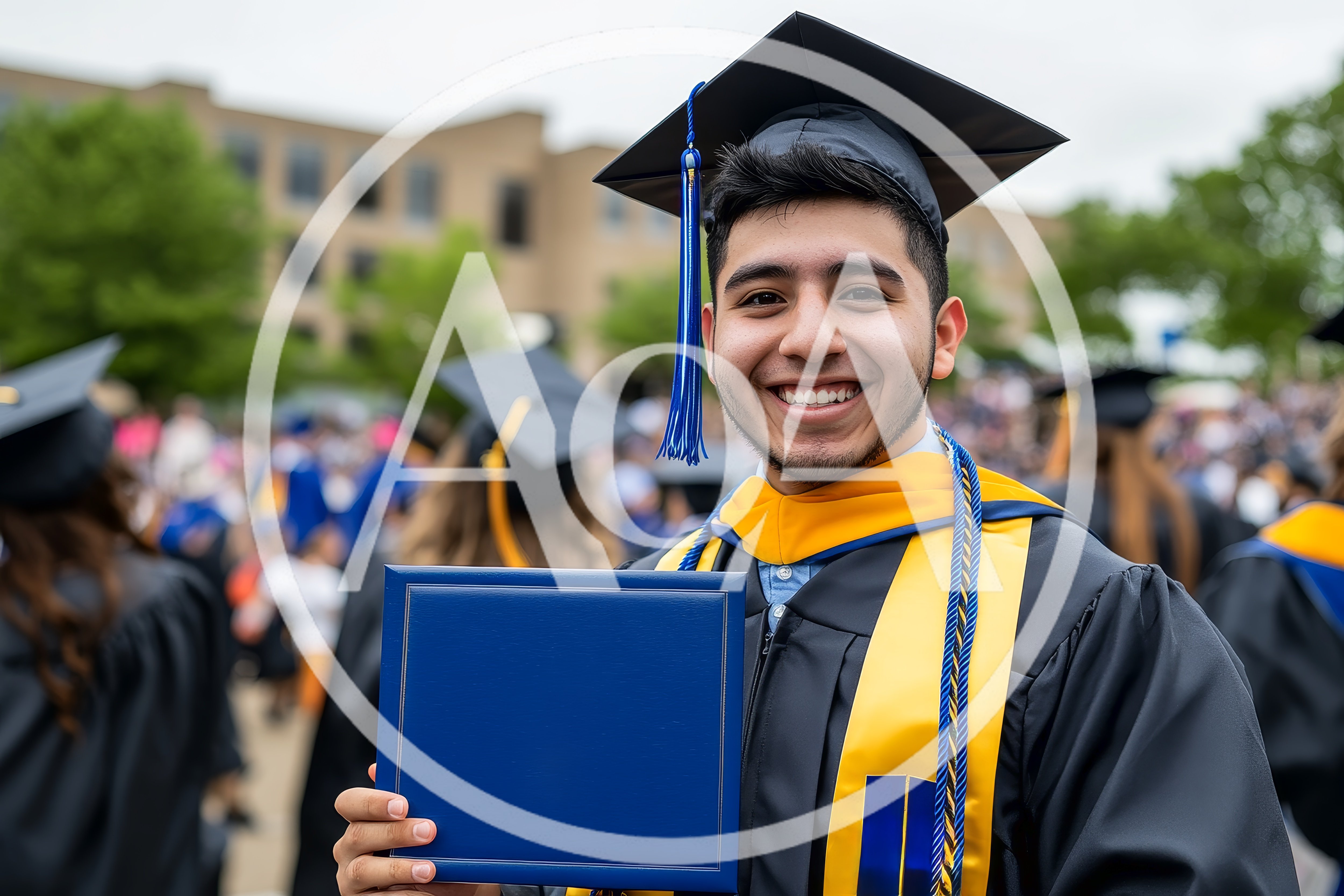 Happy Hispanic Graduate Holding Diploma At Commencement Ceremony