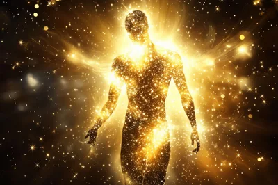 Ethereal Human Silhouette Radiating Golden Cosmic Light