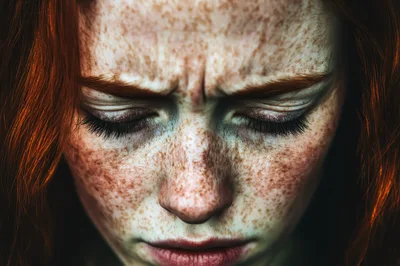 Close Up Portrait Of A Redheaded Woman With Freckles