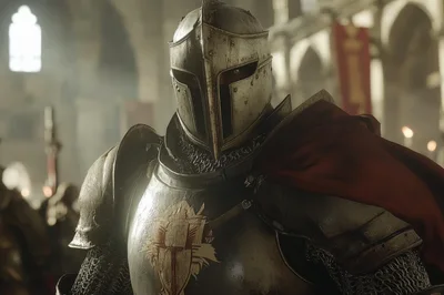 Medieval Knight In Full Plate Armor Standing In Cathedral