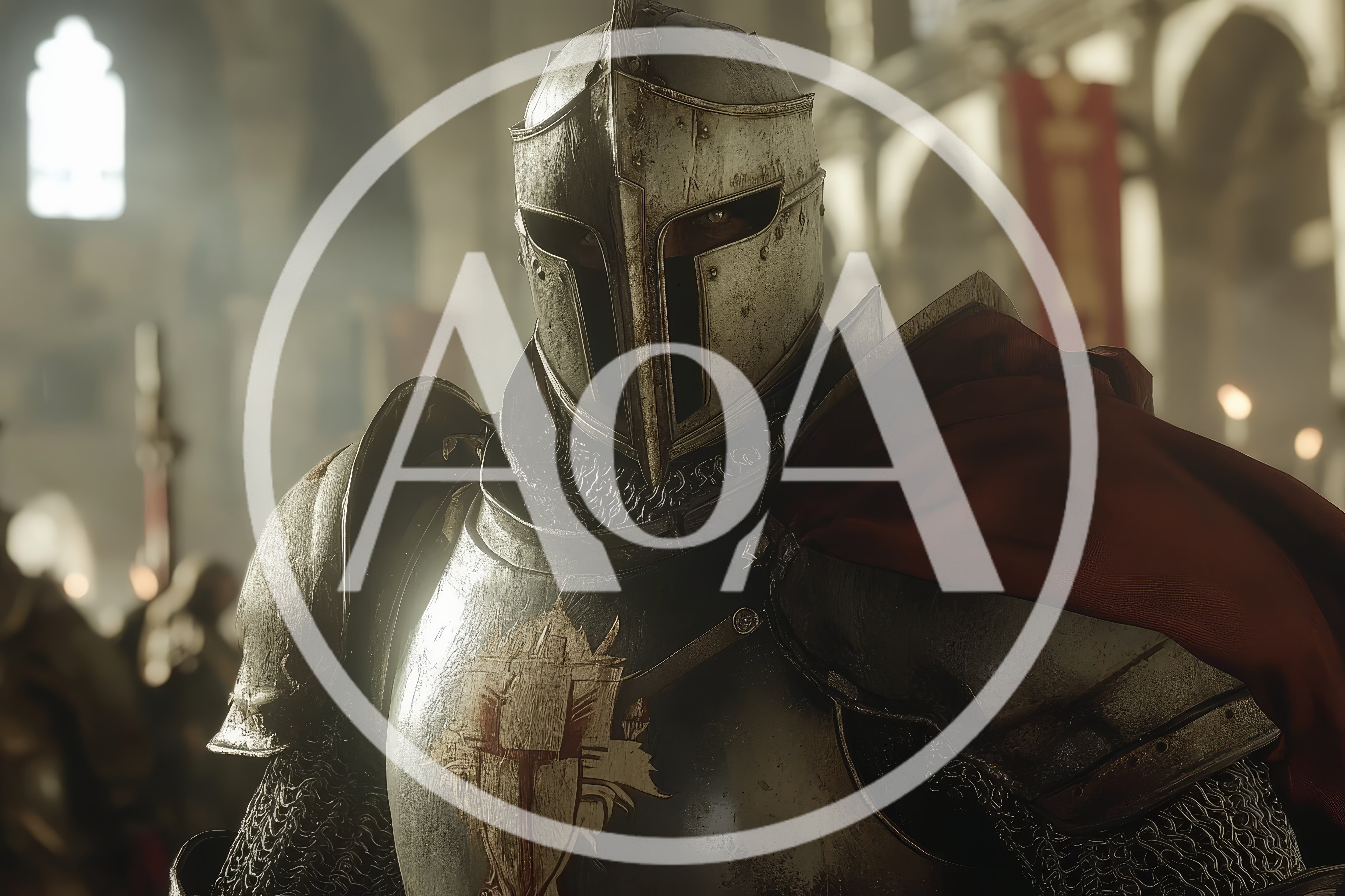 Medieval Knight In Full Plate Armor Standing In Cathedral