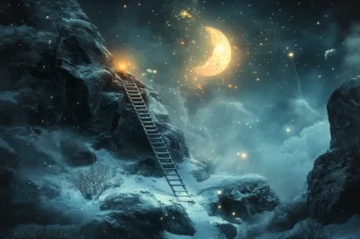 Ladder Leading To A Glowing Crescent Moon