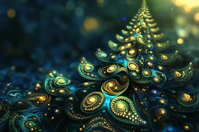 Abstract Fractal Christmas Tree With Glowing Golden Lights