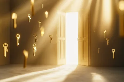 Floating Golden Keys In A Bright Open Doorway