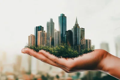 Human Hand Holding A Miniature Cityscape With Greenery