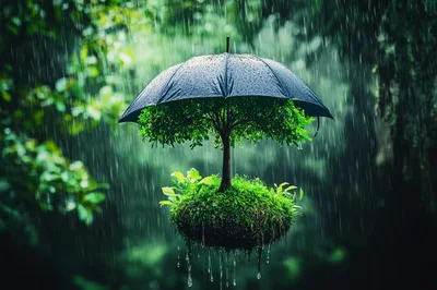 Floating Island Tree Protected By An Umbrella In Rain