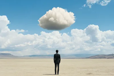 Businessman Standing Alone In A Vast Desert Landscape