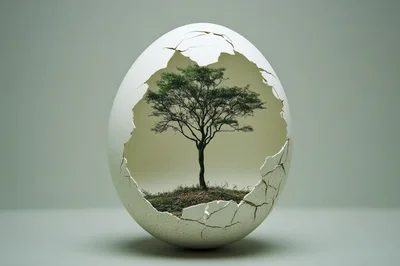 A Single Tree Growing Inside A Cracked Eggshell