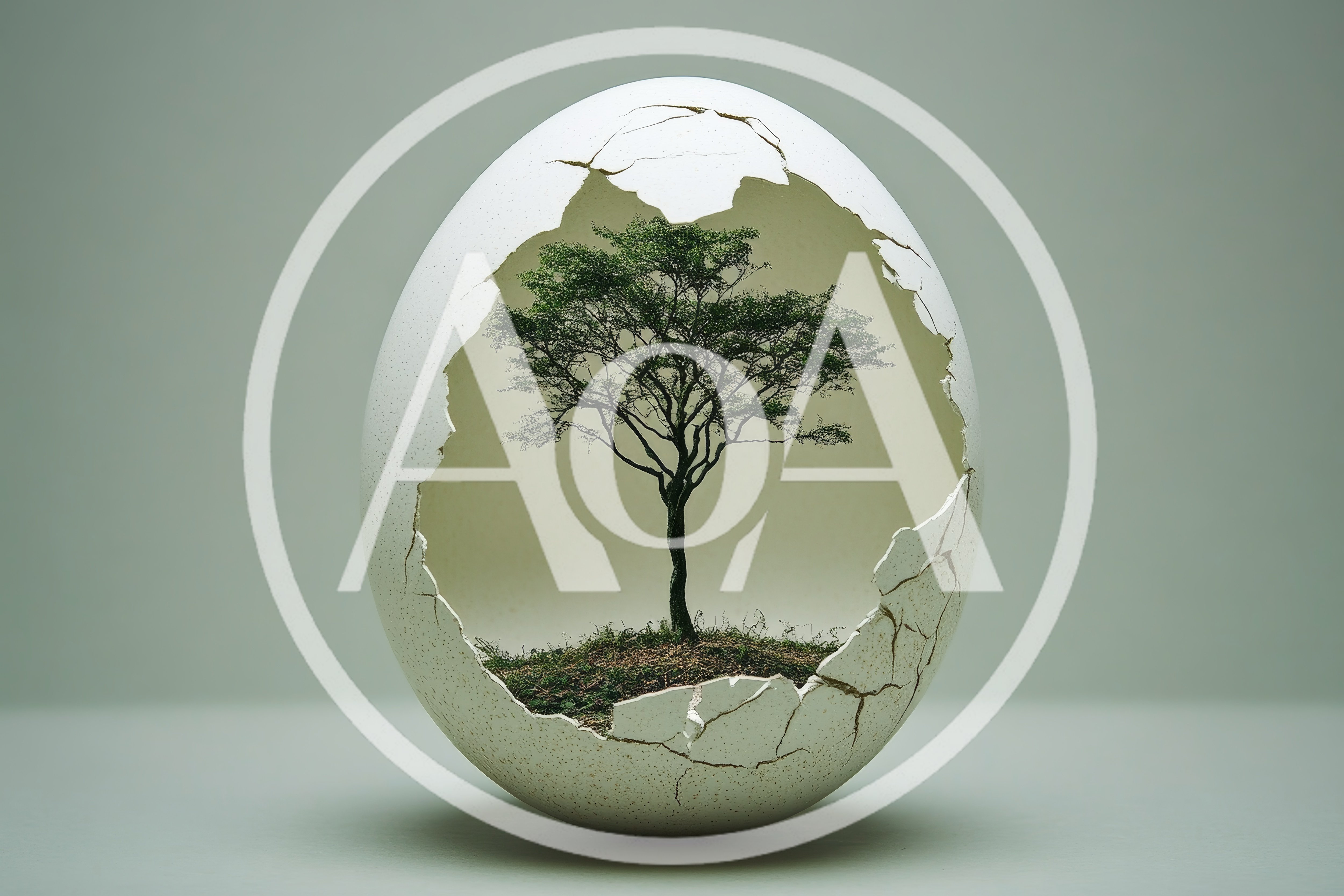 A Single Tree Growing Inside A Cracked Eggshell