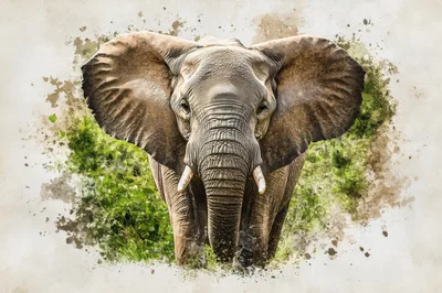 Majestic African Elephant Portrait With Watercolor Artistic Effect