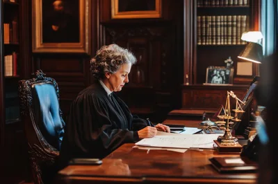 Female Judge Writing Documents In A Traditional Law Office