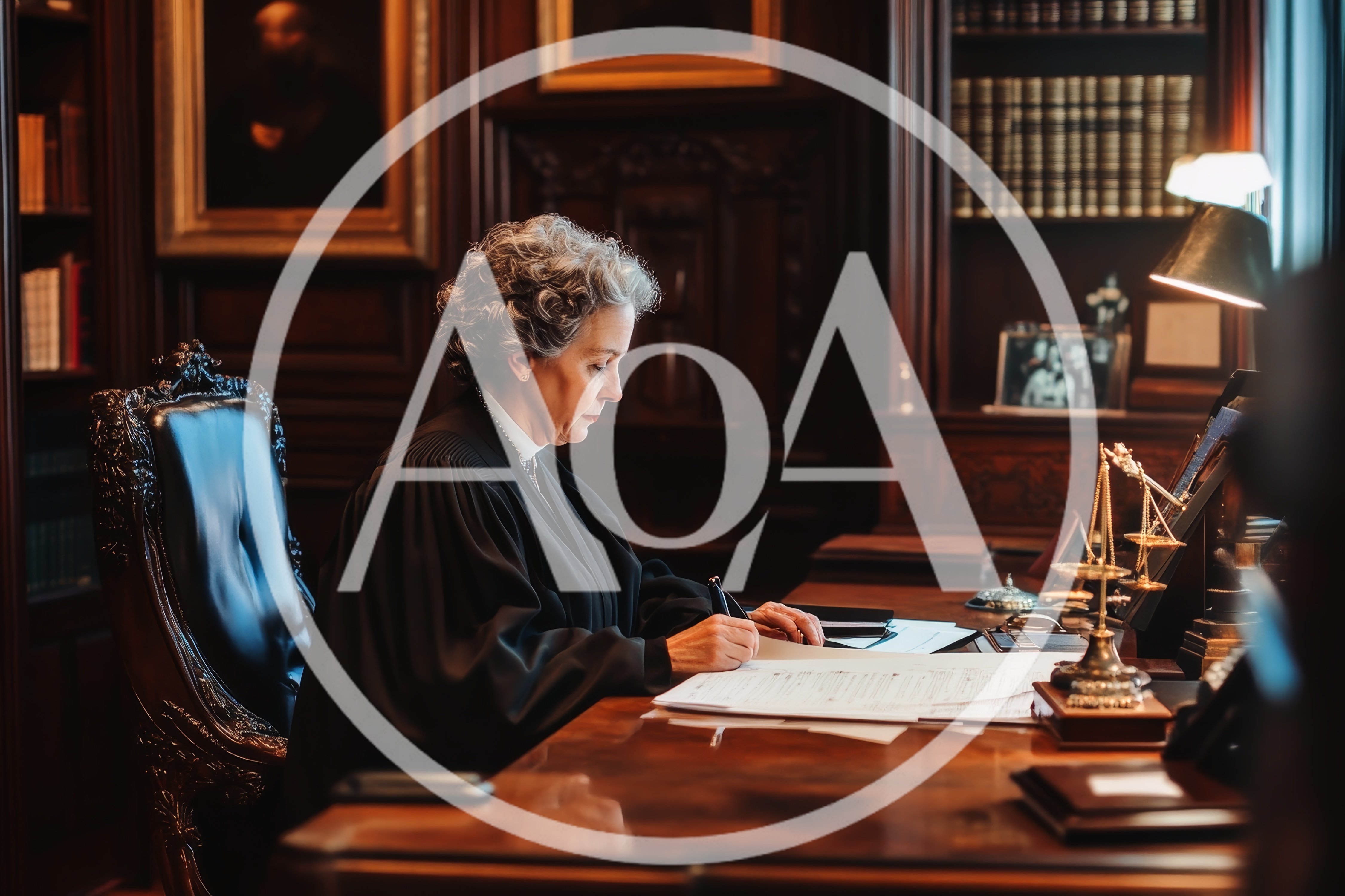 Female Judge Writing Documents In A Traditional Law Office