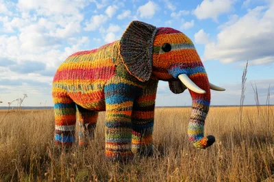 Knitted Elephant Sculpture Standing In A Grassy Field
