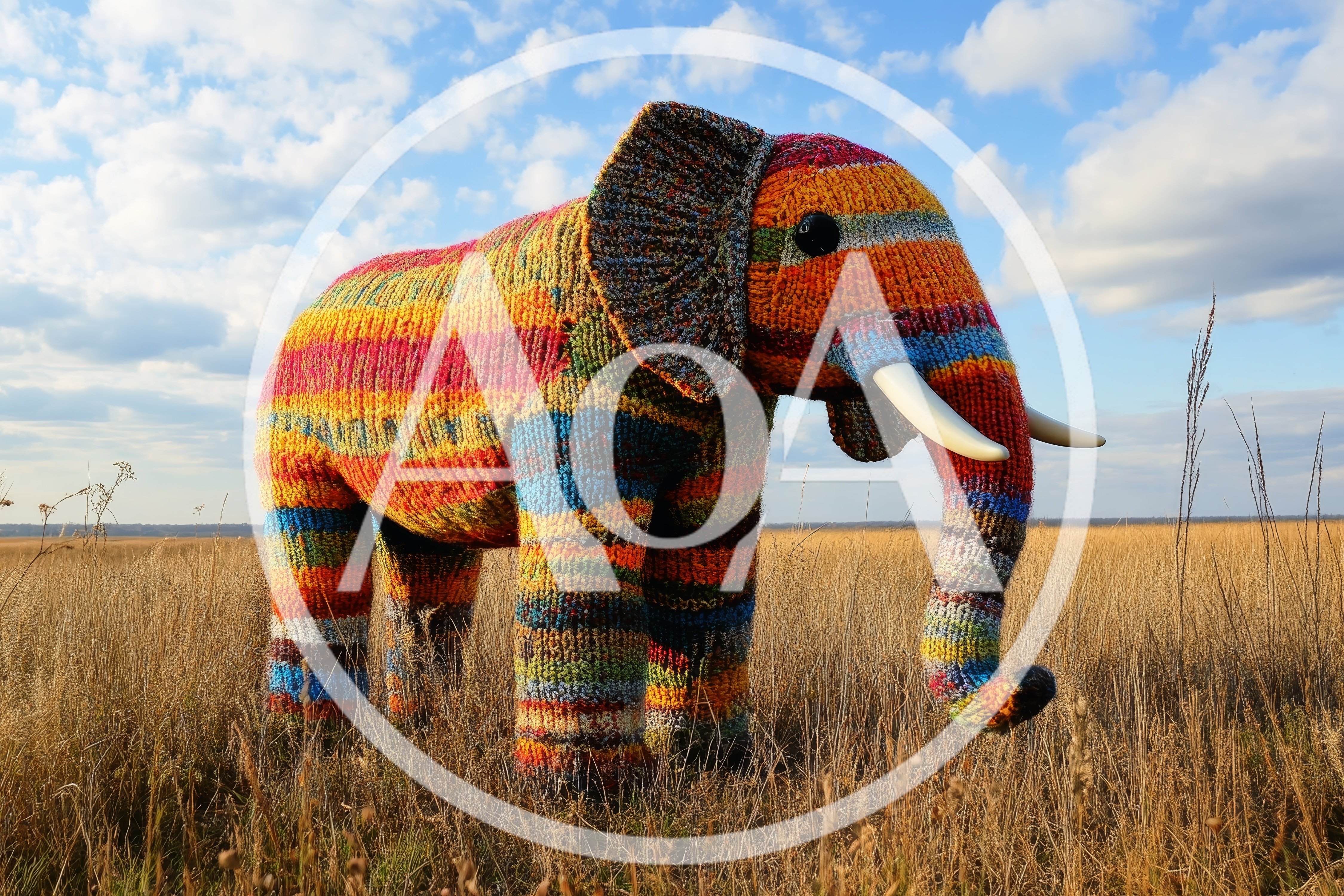 Knitted Elephant Sculpture Standing In A Grassy Field