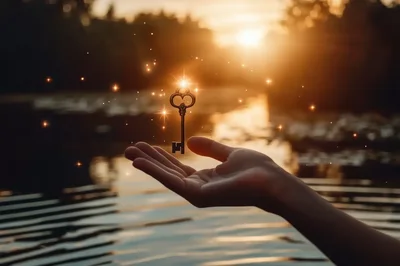 Hand Holding A Magical Floating Key At Sunset