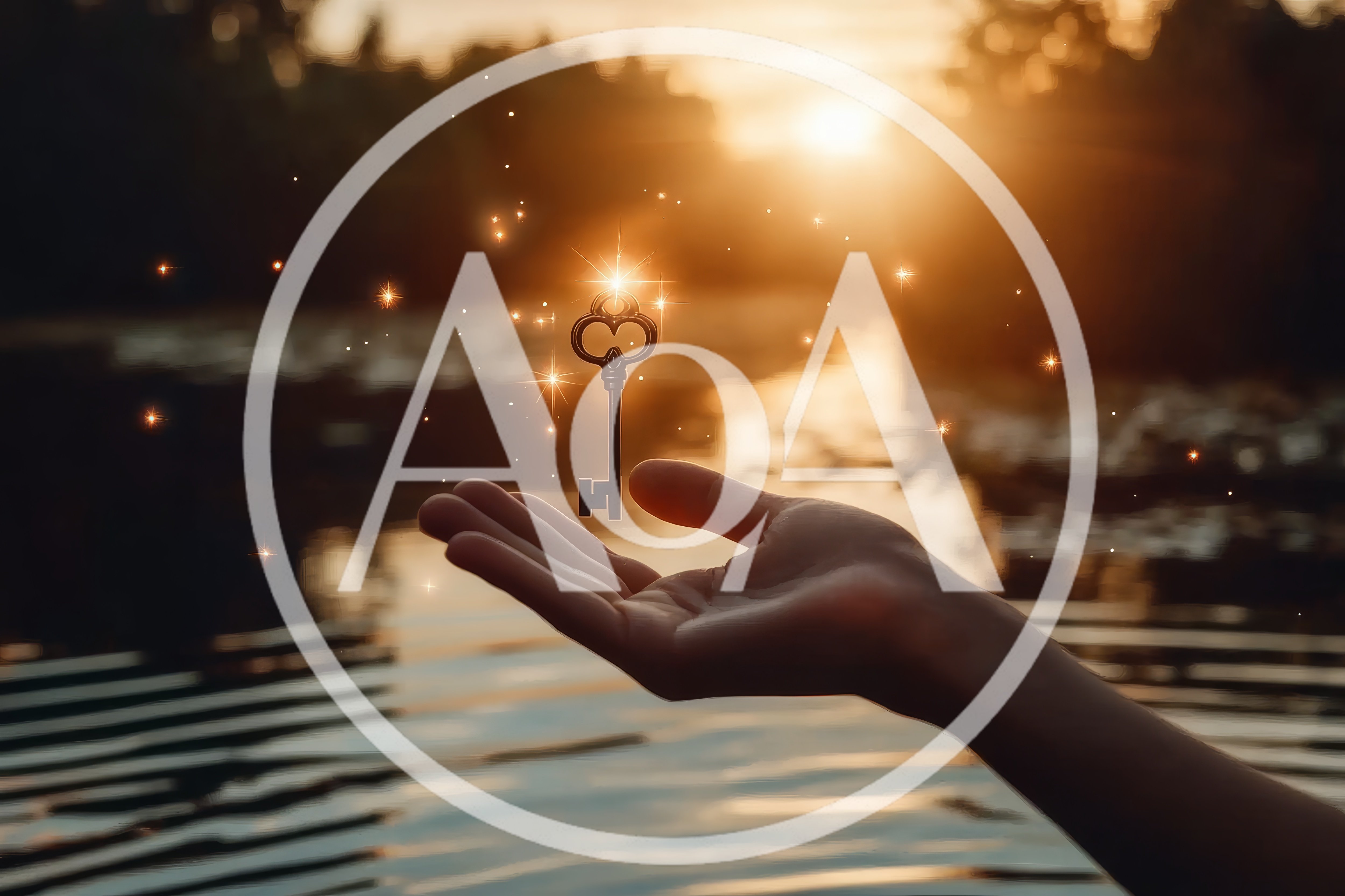 Hand Holding A Magical Floating Key At Sunset