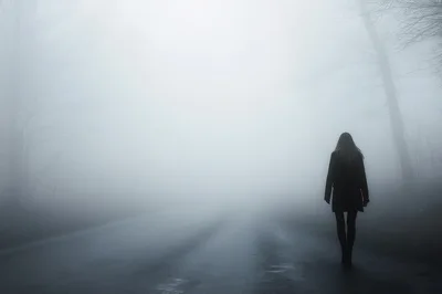 Woman Walking Alone On A Foggy Road