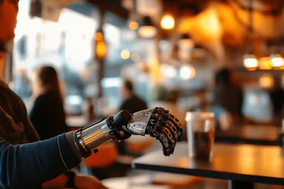 Person With Robotic Prosthetic Hand In Cafe