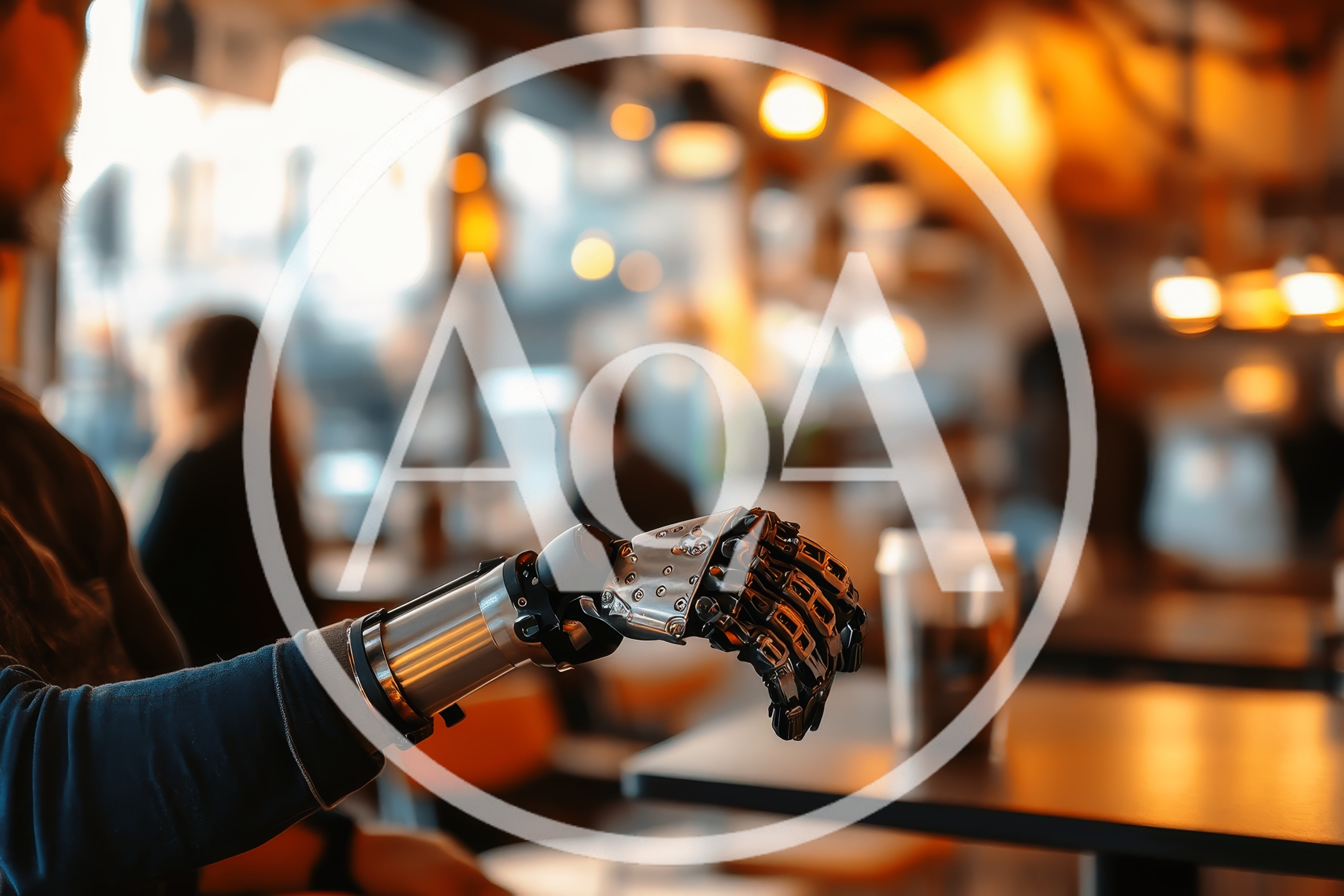 Person With Robotic Prosthetic Hand In Cafe