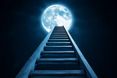 Wooden Ladder Reaching Toward A Glowing Full Moon