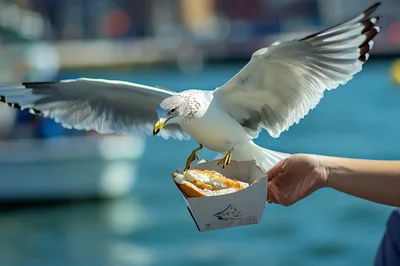 Seagull Stealing Food From A Person Hand