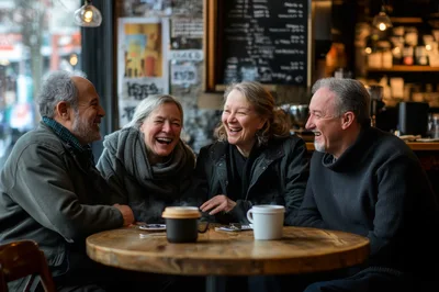 Four Mature Friends Laughing Together In A Cozy Cafe