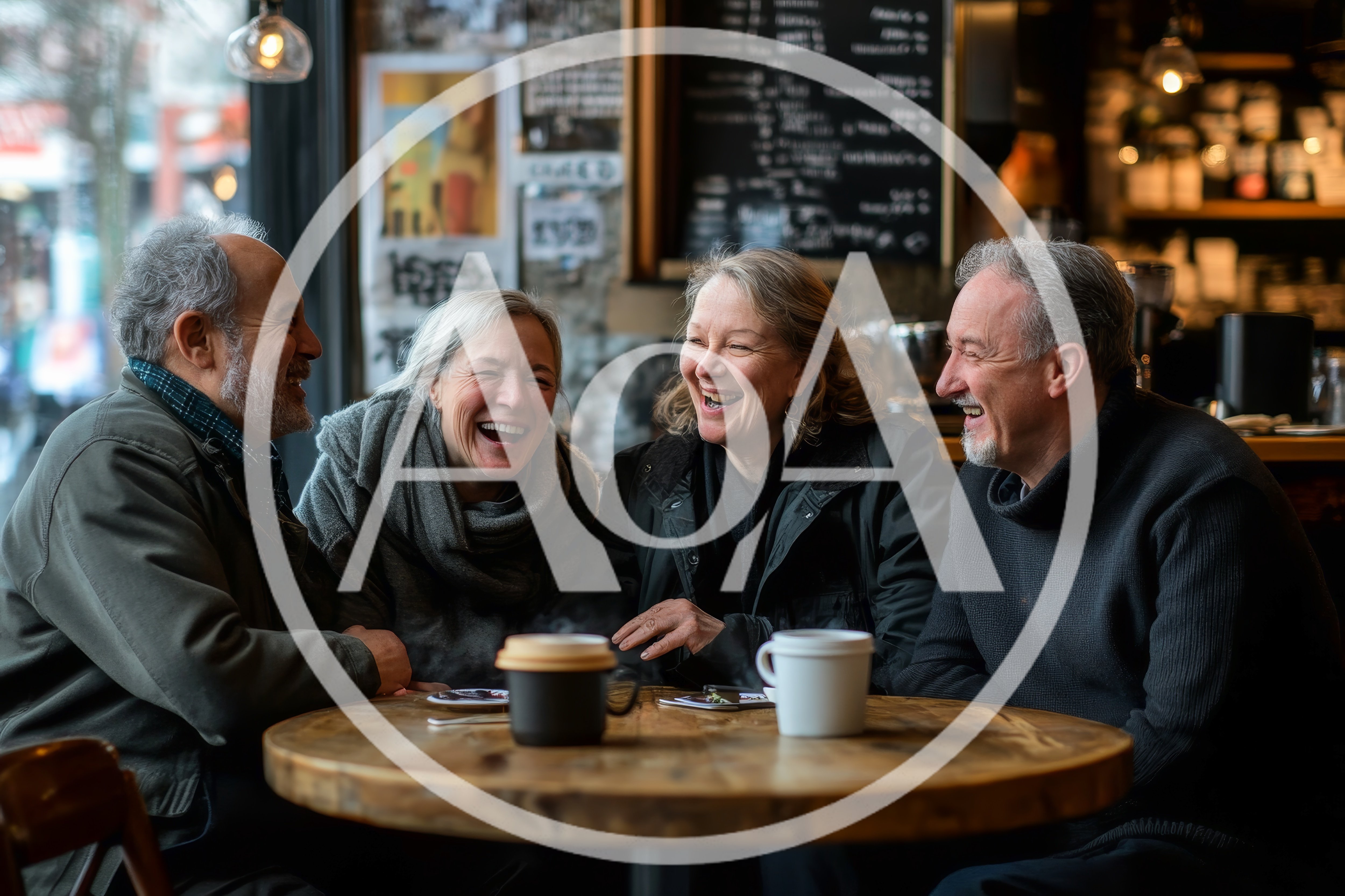 Four Mature Friends Laughing Together In A Cozy Cafe
