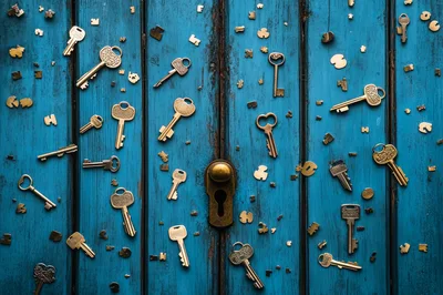 Vintage Brass Keys Scattered On Blue Wooden Door