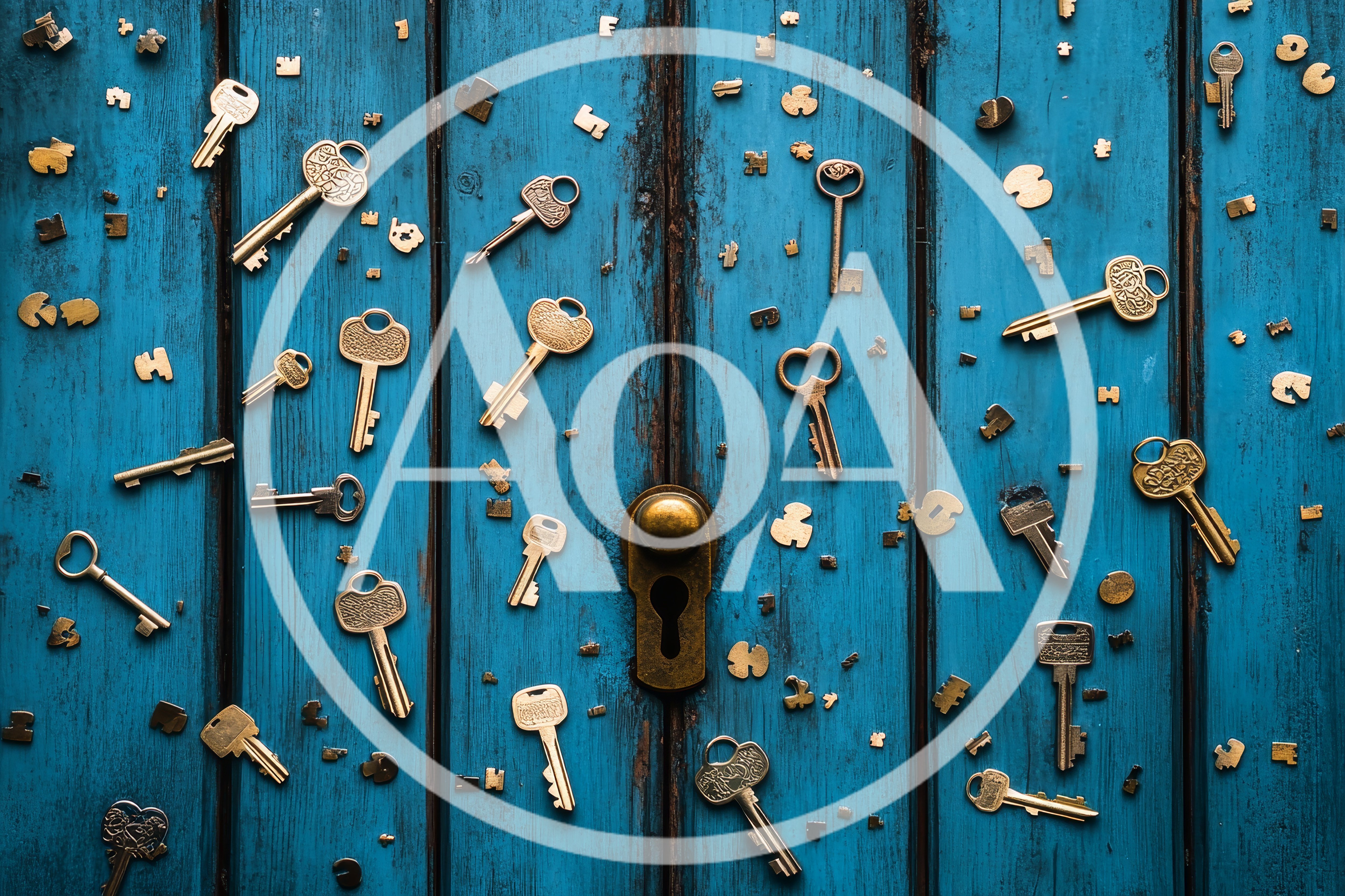 Vintage Brass Keys Scattered On Blue Wooden Door