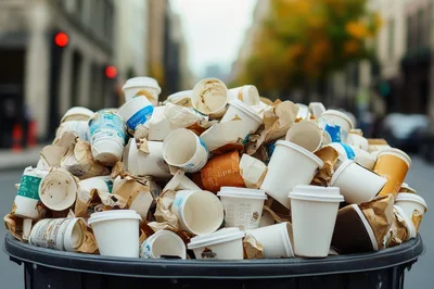 Overflowing Trash Can Filled With Used Coffee Cups