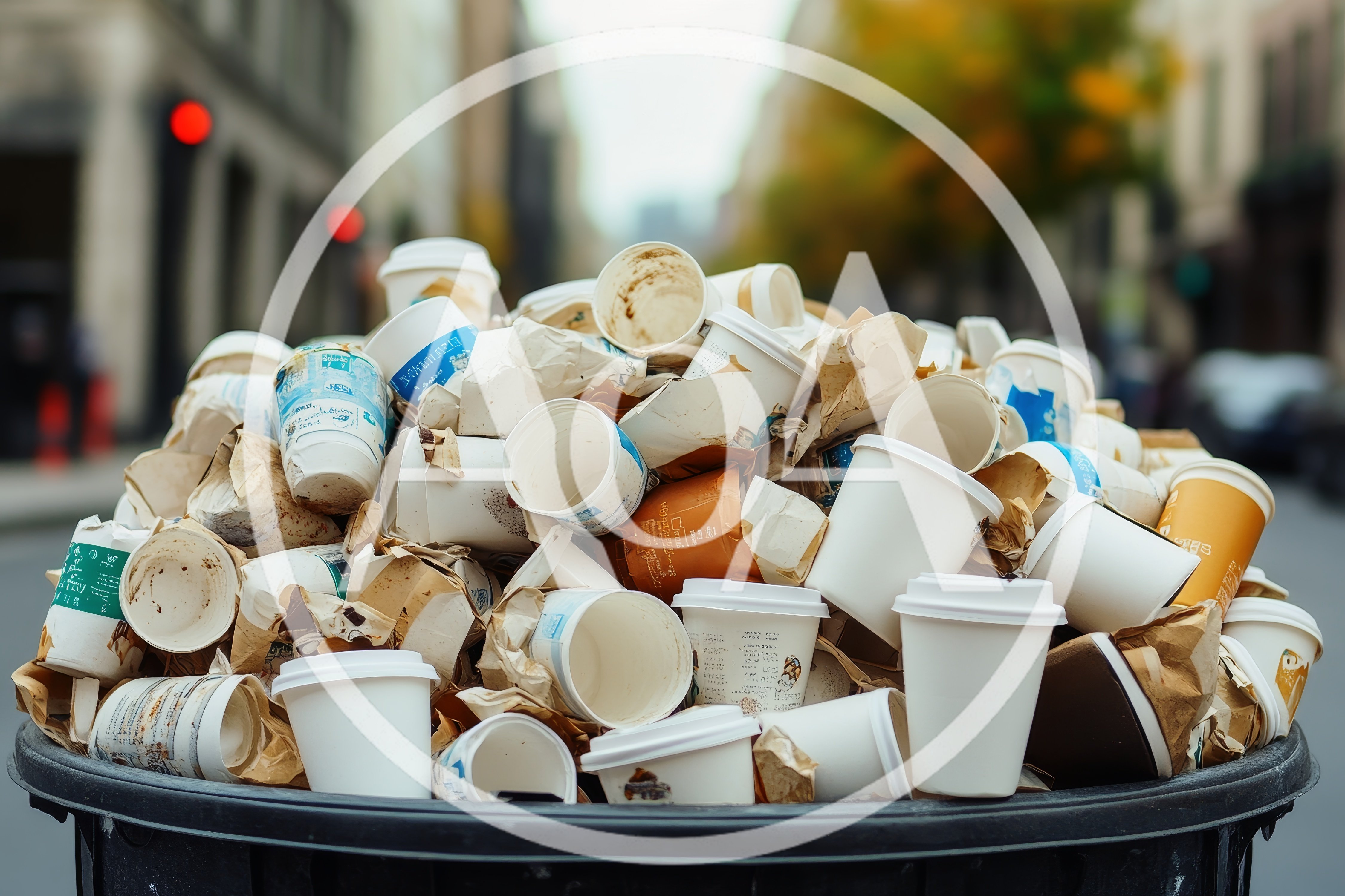 Overflowing Trash Can Filled With Used Coffee Cups
