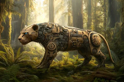 Mechanical Robotic Jaguar Walking Through Ancient Redwood Forest