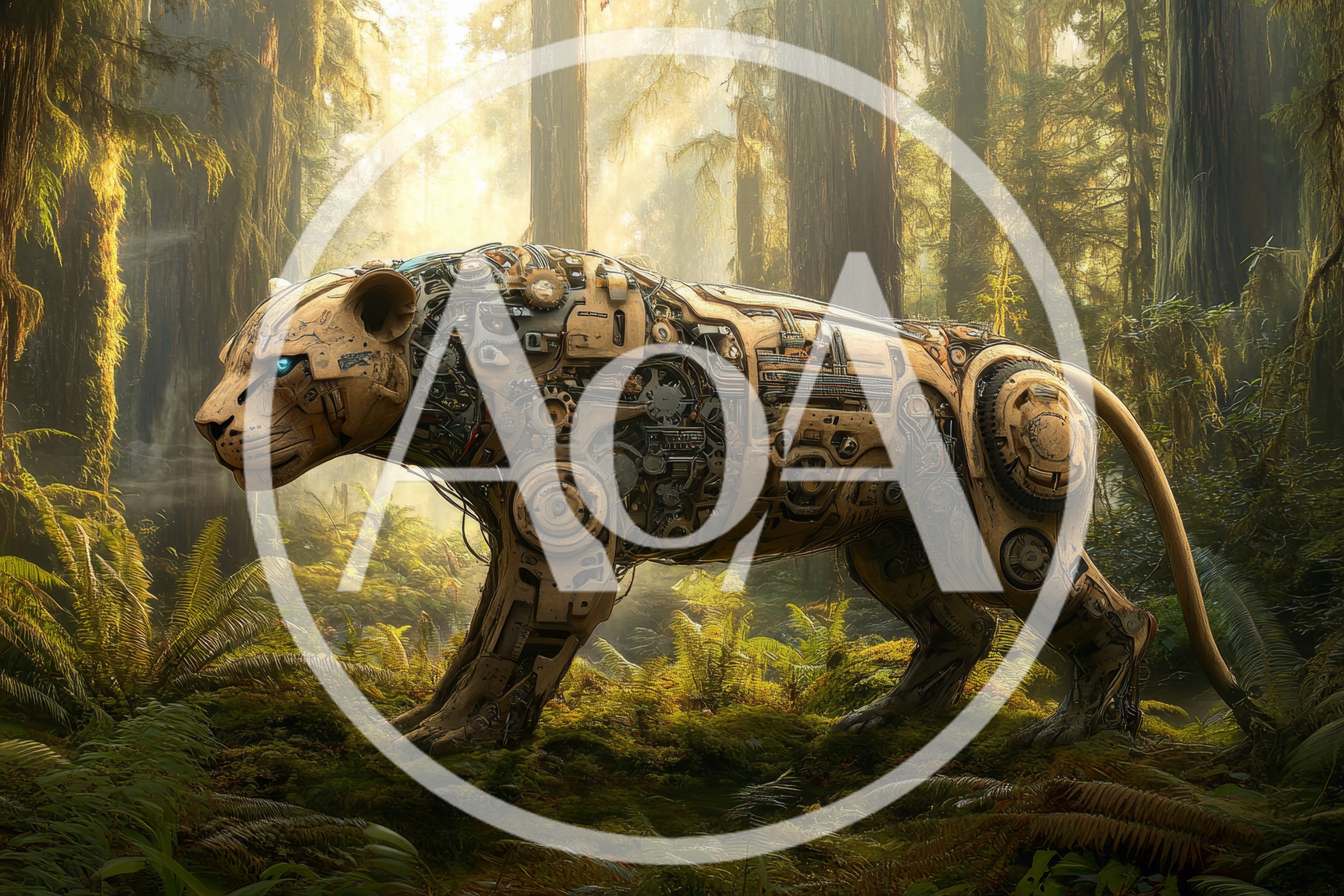 Mechanical Robotic Jaguar Walking Through Ancient Redwood Forest