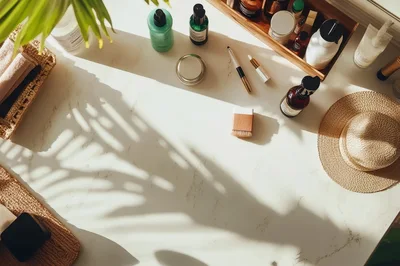 Top View Of Skincare Products On Marble Vanity