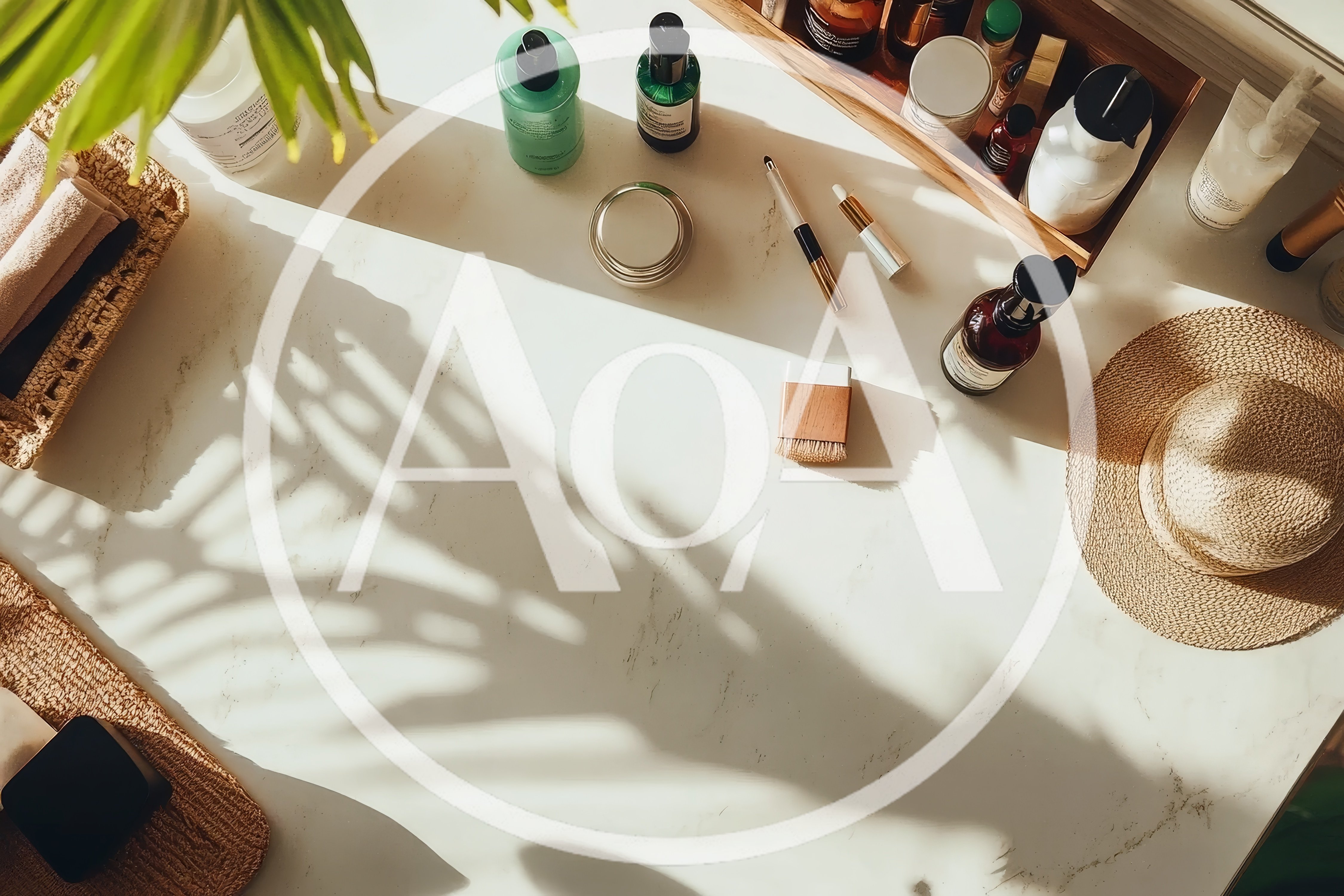 Top View Of Skincare Products On Marble Vanity