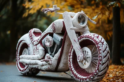 Custom Motorcycle Covered In Intricate Red And White Crochet