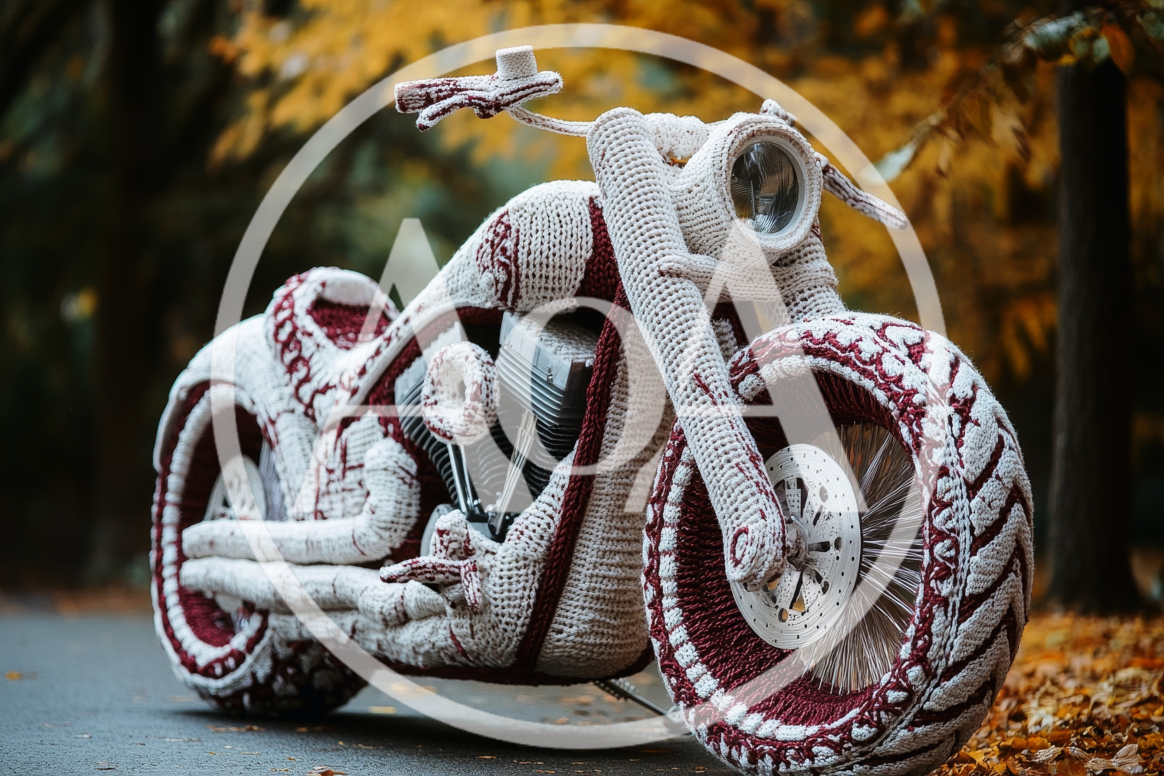 Custom Motorcycle Covered In Intricate Red And White Crochet