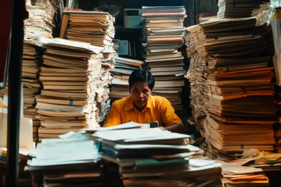Office Worker Surrounded By Massive Stacks Of Paperwork