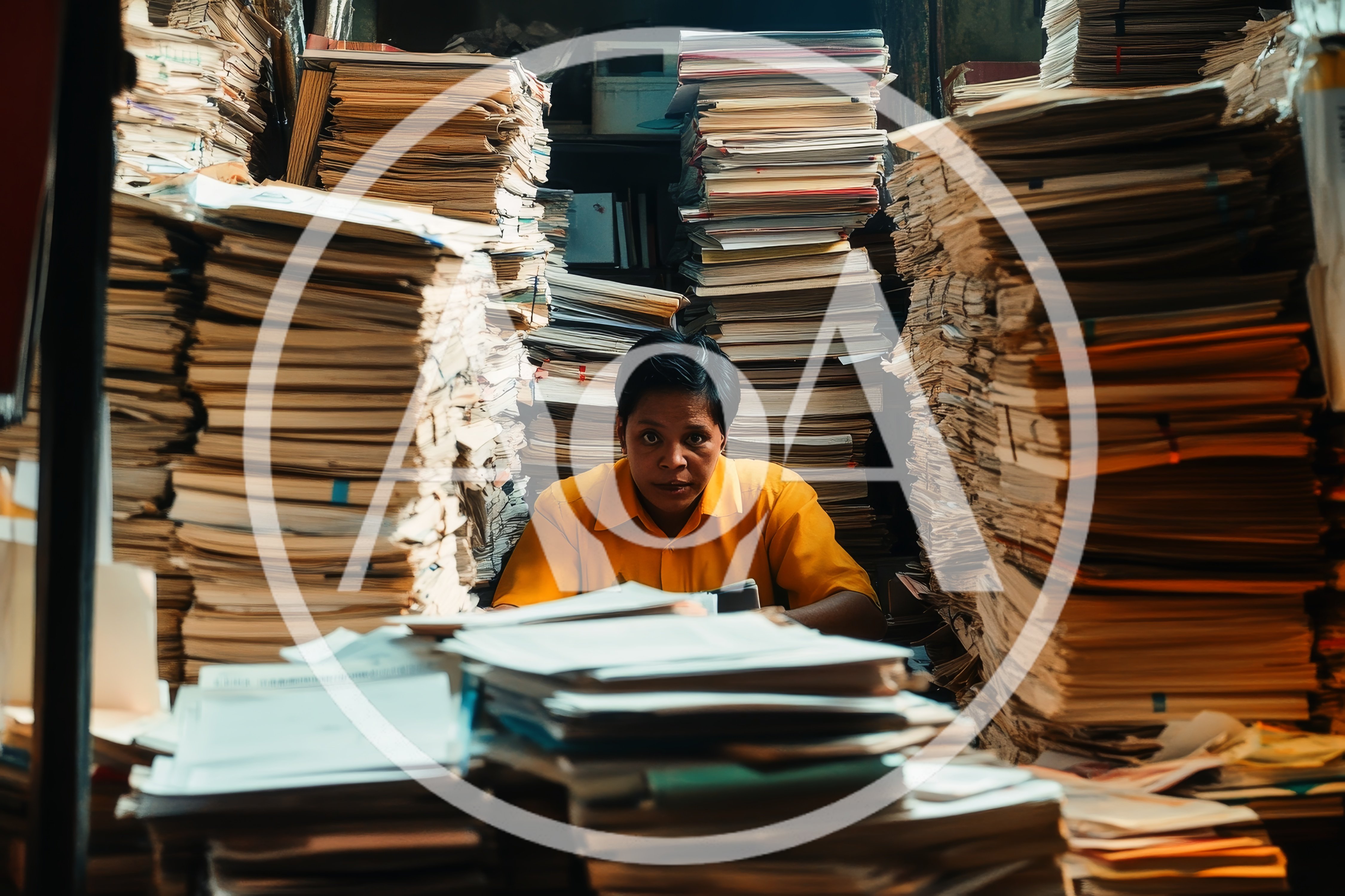 Office Worker Surrounded By Massive Stacks Of Paperwork