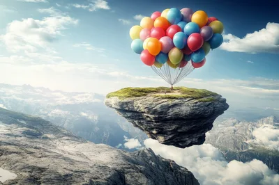 Floating Island Lifted By A Large Bunch Of Balloons