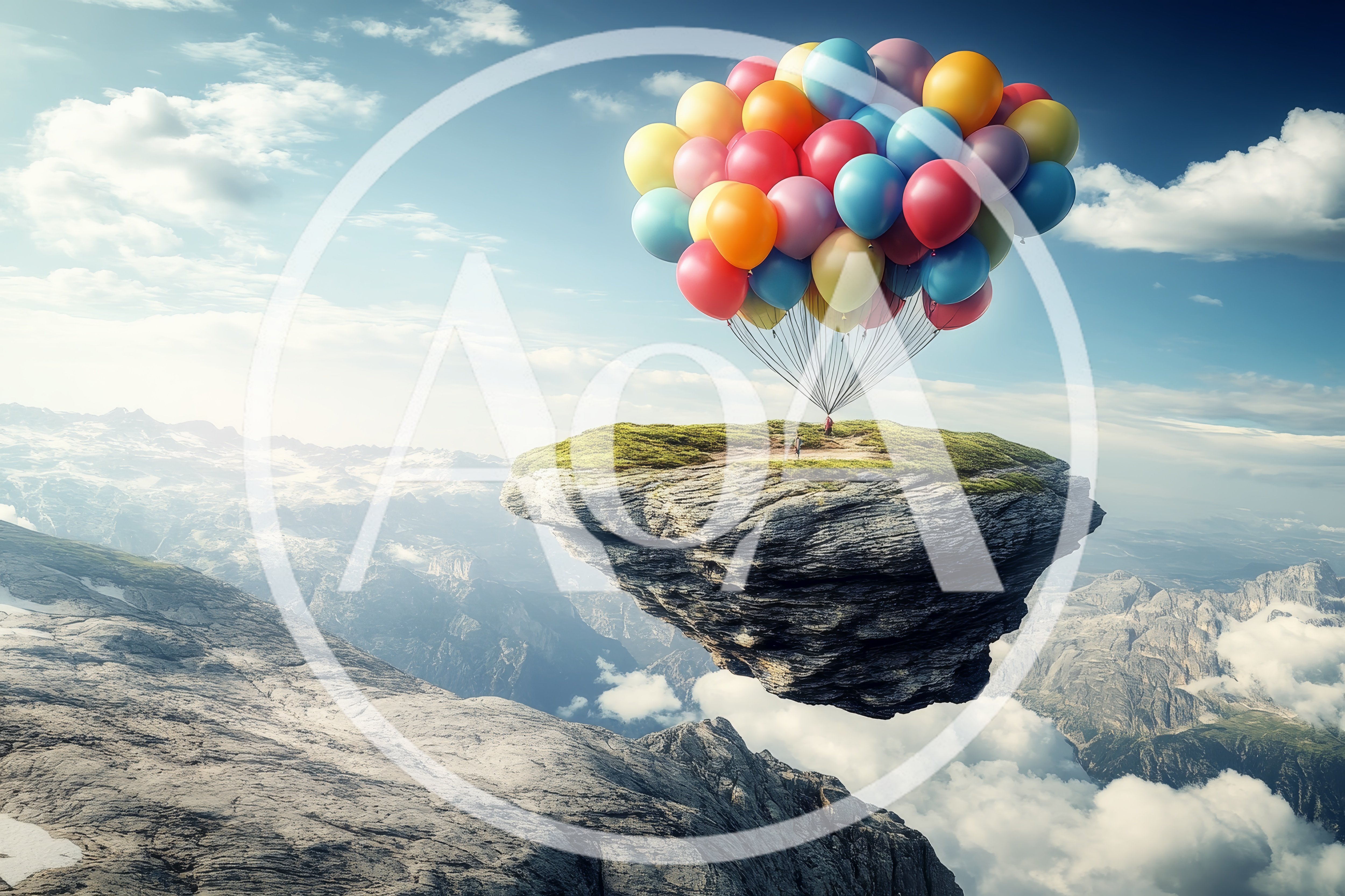 Floating Island Lifted By A Large Bunch Of Balloons