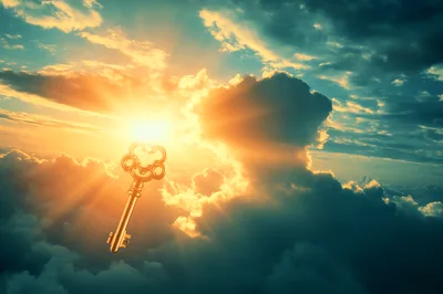 Golden Key Floating Above Clouds At Sunset